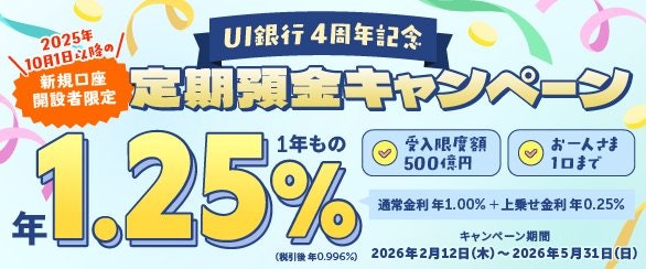 新規口座開設者限定!1年もの定期預金の年利が1.25%に優遇