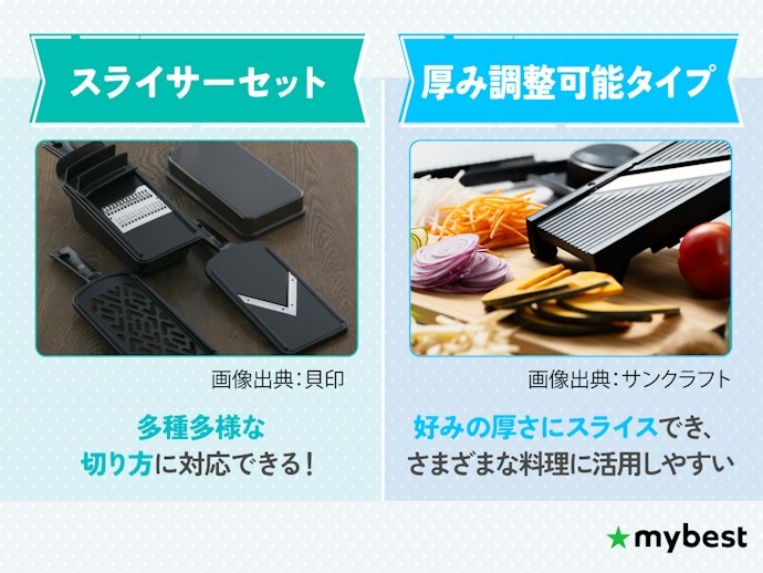 多機能性・カスタマイズ性を求めるなら、スライサーセットや厚さ調節できるものをチェック