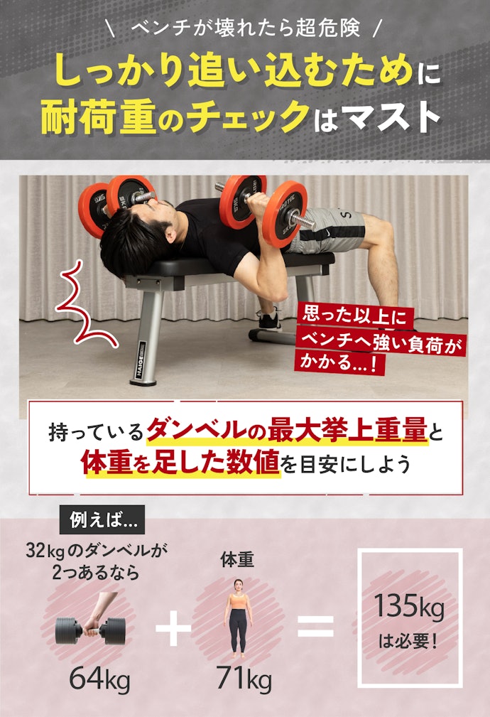 トレーニングベンチの耐荷重は、自宅のダンベルの最大設定重量+自体重以上あるか確認しよう