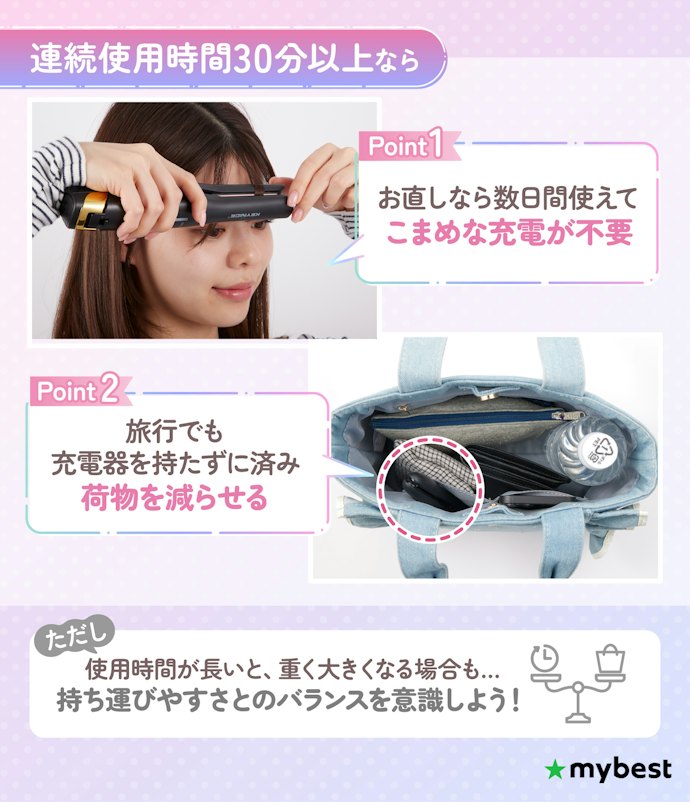充電の手間を減らしたいなら、連続使用時間が30分以上の商品が便利