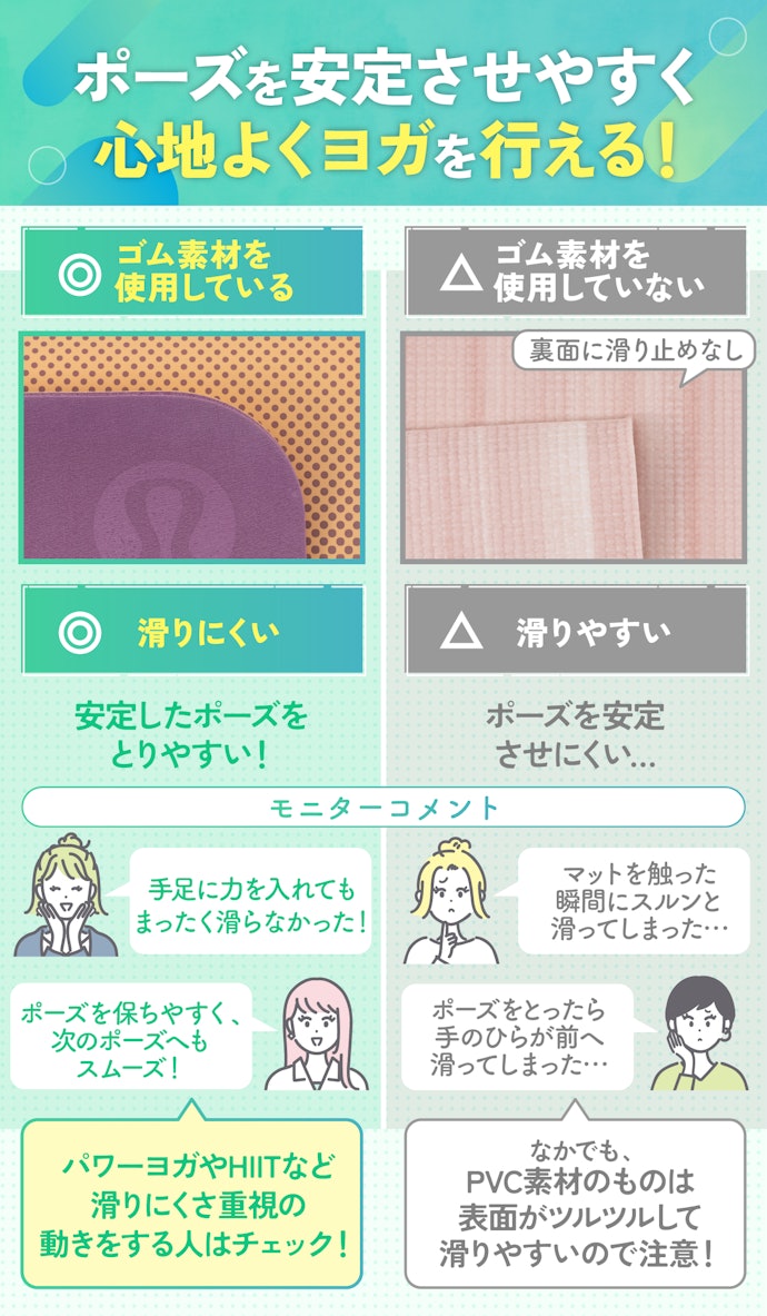 足や体がピタっと止まるゴム素材のヨガマットがおすすめ!