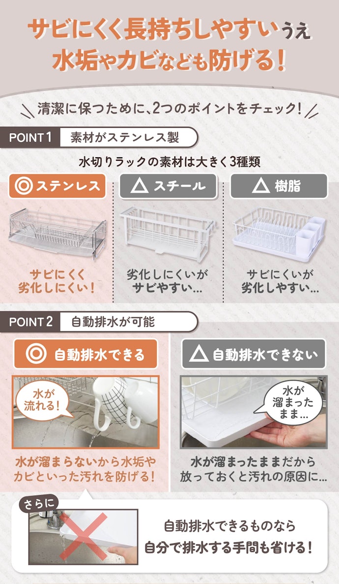 清潔に保つために、ステンレス製かつ自動排水できるものがおすすめ