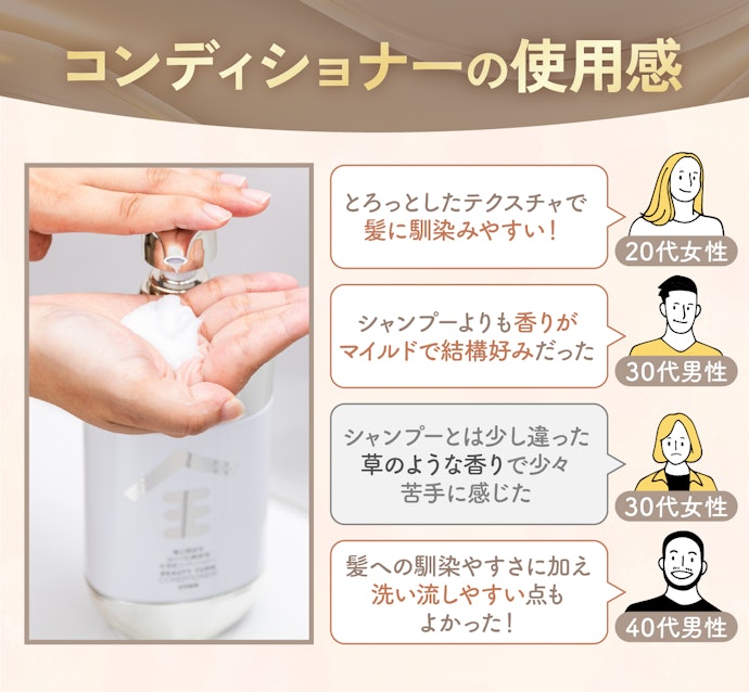 コンディショナーは香りの好みが分かれたが、髪への馴染やすさは満足の声が多かった