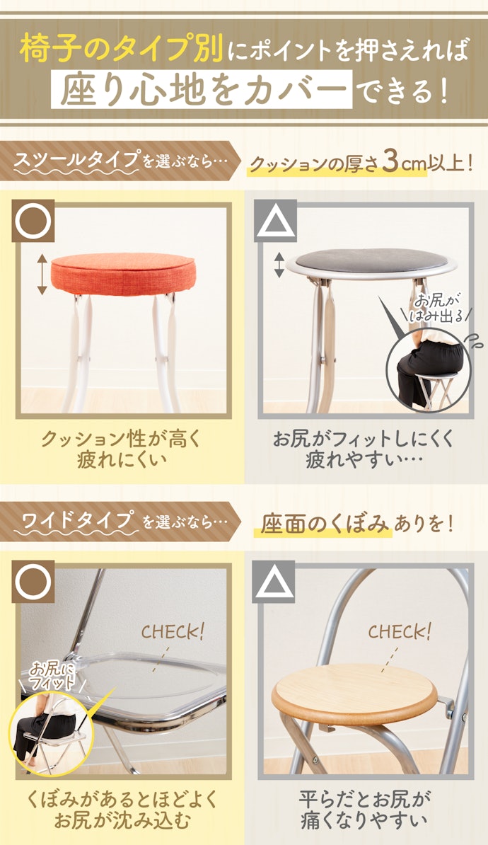 座り心地は、座面のくぼみや厚さをチェック