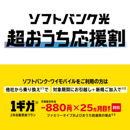 【新規】ソフトバンク光・1ギガの新規加入で月額料金が割引になる