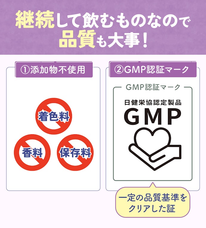 気になる人は、添加物の有無やGMP認証マークをチェック
