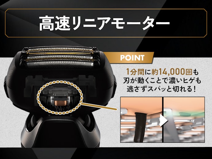 ラムダッシュ史上最速(※)の高速リニアモーター搭載で、太いヒゲ・くせ毛も逃さずキャッチ!