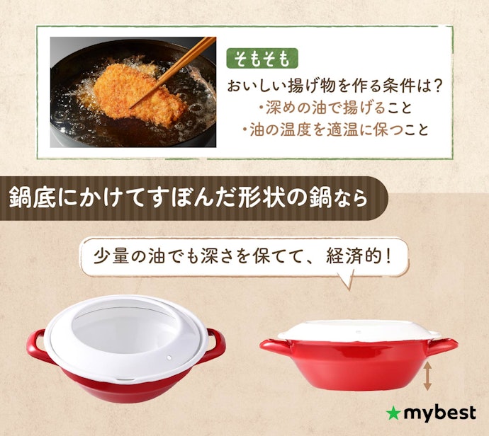 より少量の油で揚げたいなら、底にかけてすぼんだ形状の鍋に注目