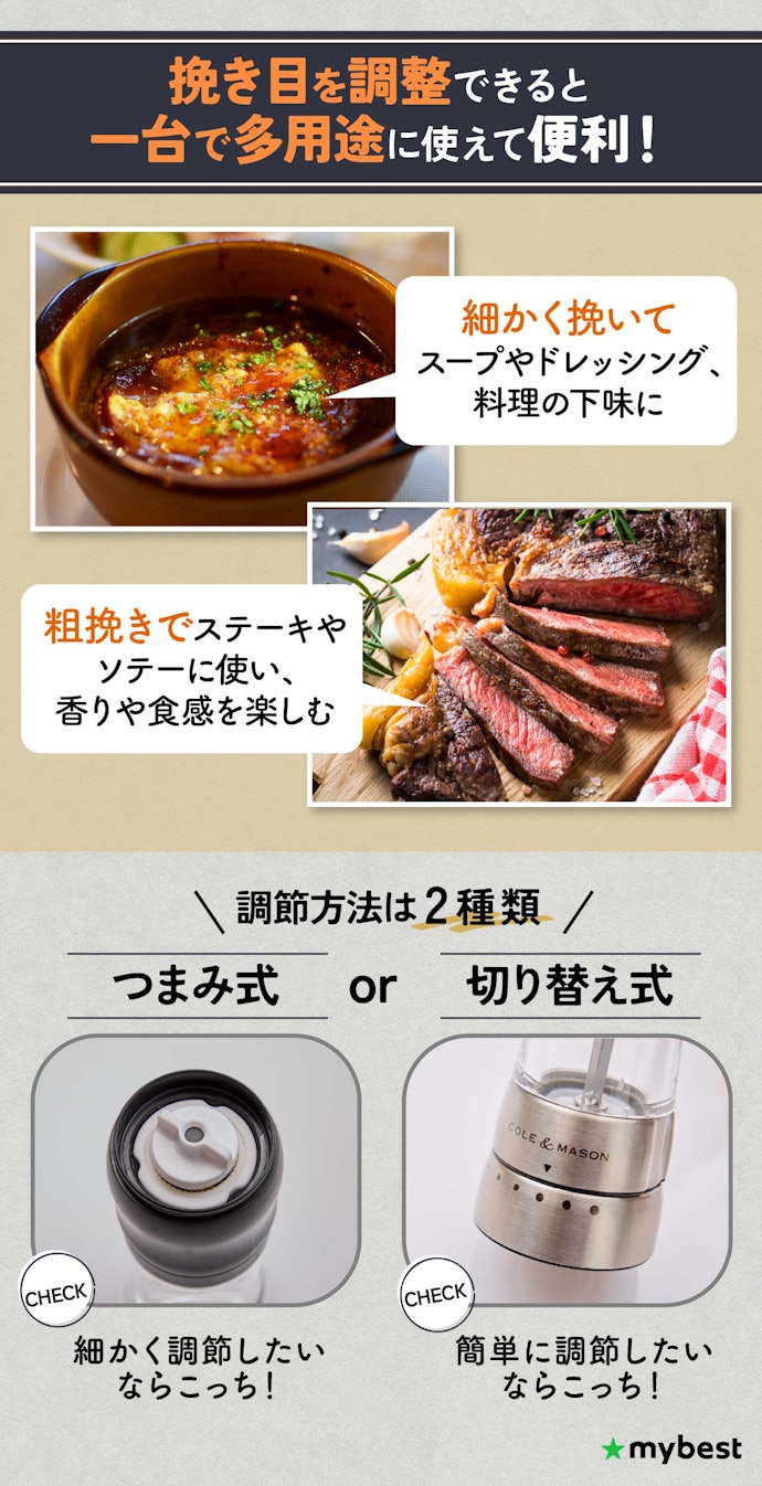 料理によって使い分けるなら、挽き目を調整できるかをチェック