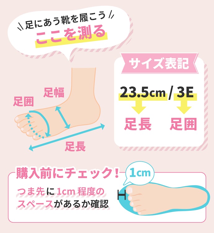 サイズは足長・足幅・足囲を確認。つま先に1cm程度のスペースを