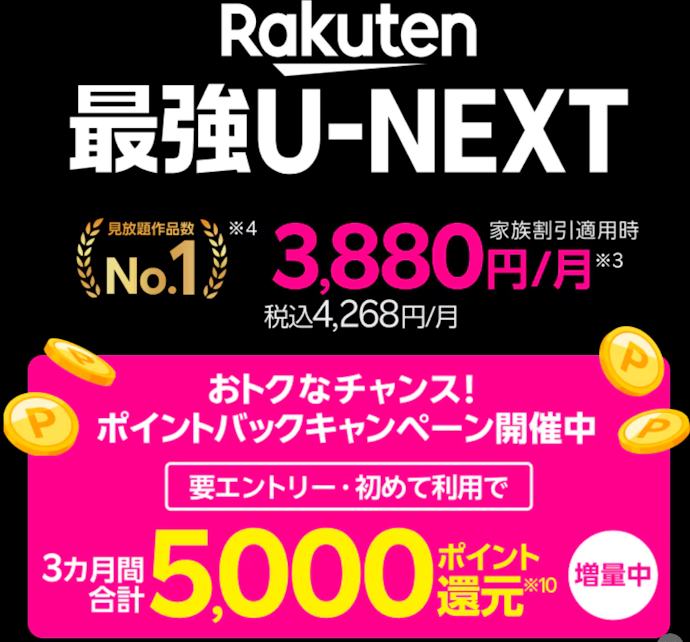 Rakuten最強U-NEXTなら5,000円分のポイントがもらえる