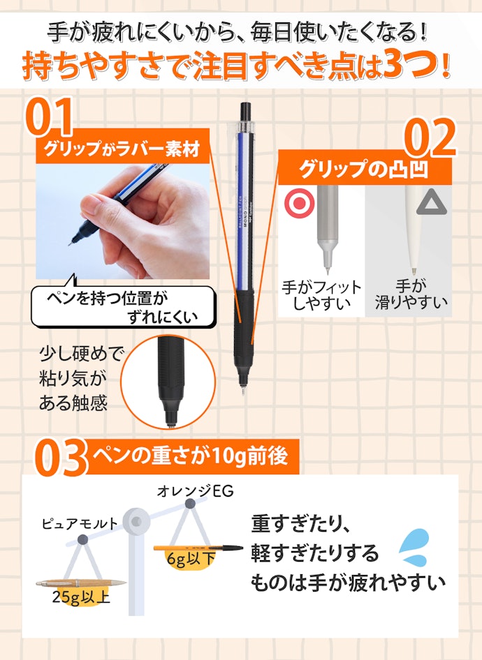 グリップがラバー素材で凸凹があると持ちやすい!重さが10g前後だとなおよし