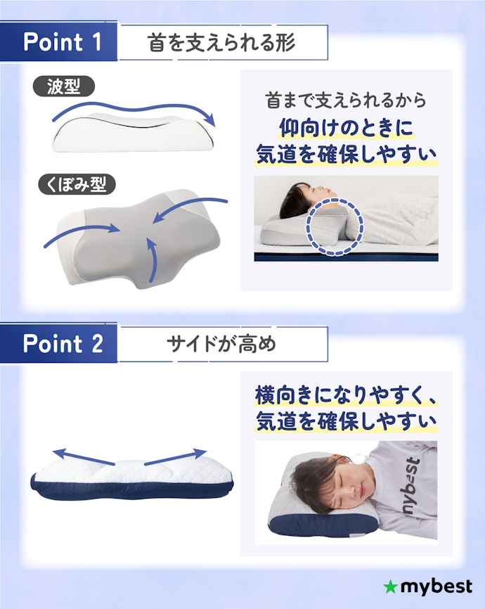仰向けで首が支えられ、横向き寝もしやすいものがおすすめ