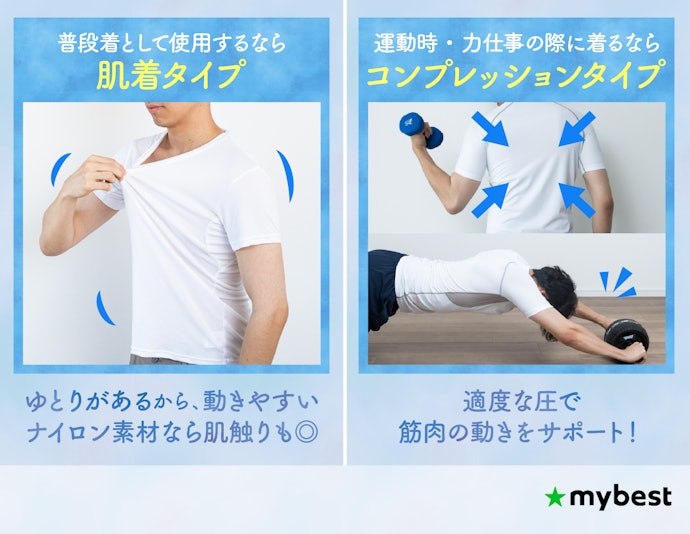 普段着には肌着タイプ、力作業や運動時にはコンプレッションタイプがおすすめ