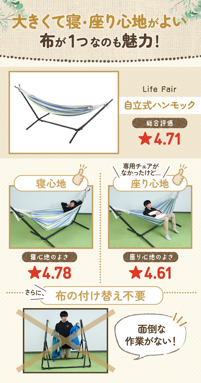 寝心地・座り心地がよかったおすすめ商品は、LifeFairの「自立式ハンモック」