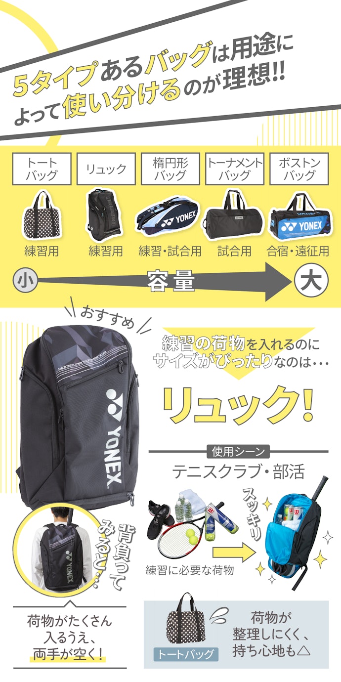 タイプは5種類。普段の練習用ならリュック一択