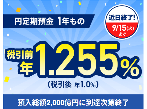 円定期預金(1年もの)預け入れで特別金利年1.255%が適用される