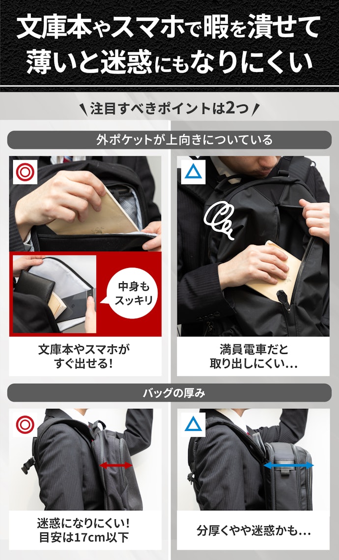 長時間満員電車に揺られる人は前に抱えたときの使い勝手にも注目