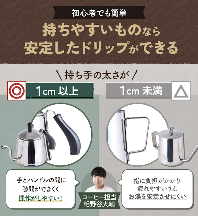 ハンドドリップ初心者なら、ハンドルが1cm以上で持ちやすいものを選んで