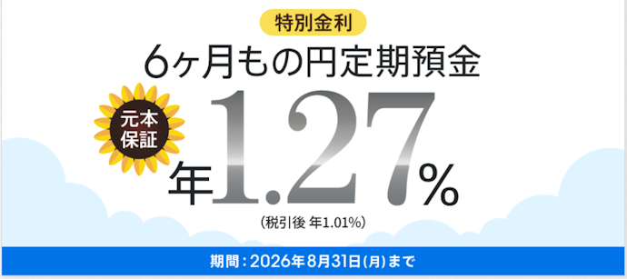 6か月もの円定期預金を預け入れると特別金利年1.27%が適用される