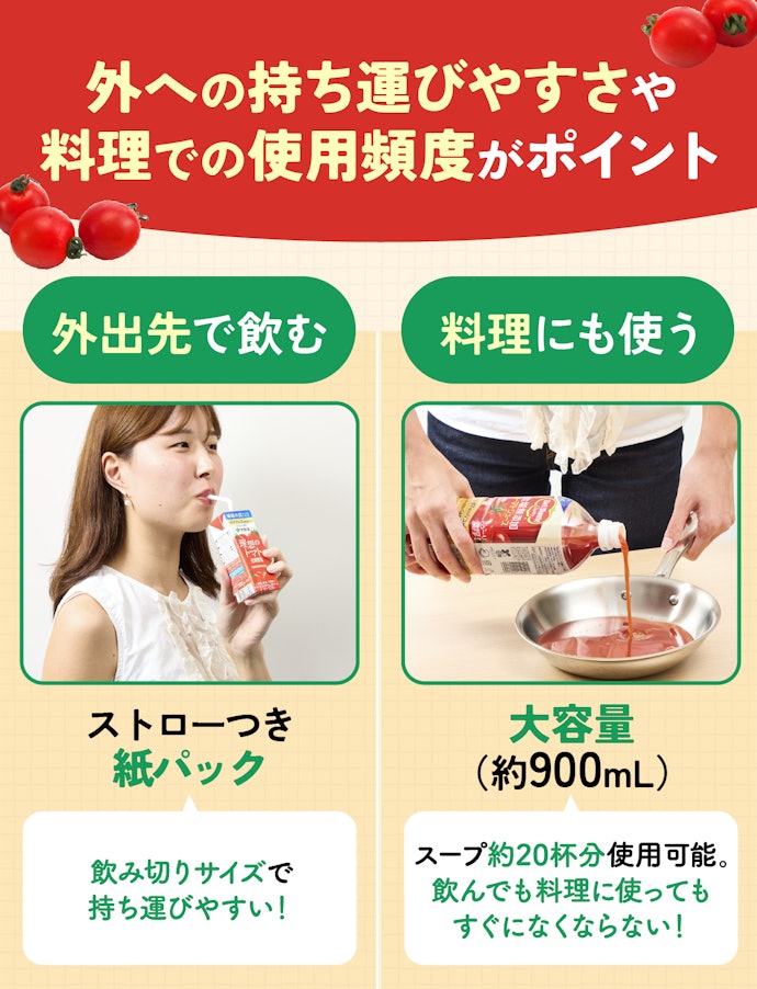 外で飲むならストローつき紙パック、料理に使うなら大容量のトマトジュースがおすすめ