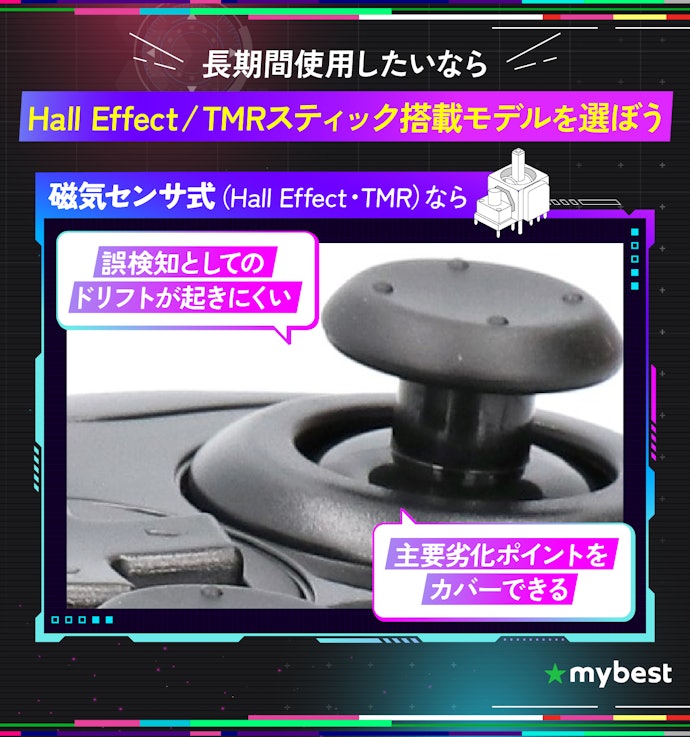 長く使ってもドリフトしにくいTMR方式やHall Effect方式搭載スティックがおすすめ