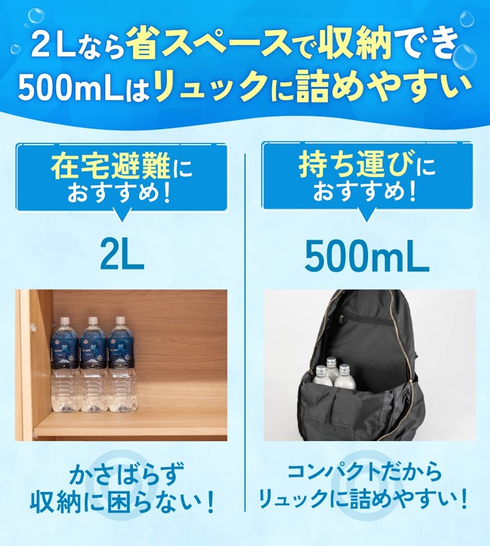 在宅避難用に備蓄するなら2L、持ち運びを想定するなら500mLを用意しておくと便利