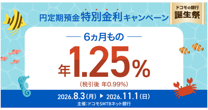 6か月もの円定期預金を預け入れると特別金利年1.25%が適用される