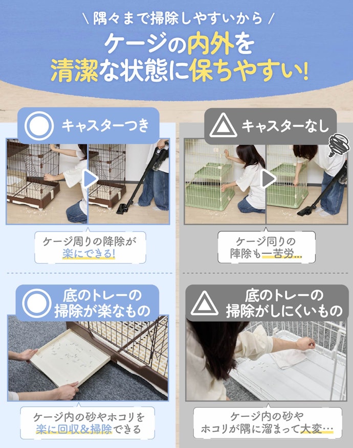 手入れのしやすさは、キャスターつき&底トレーの掃除の楽さがポイント