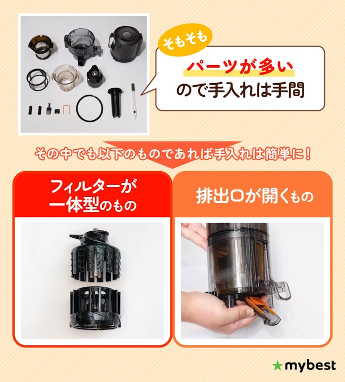 手入れの負担を減らしたいなら、フィルターが一体型かつ排出口が開くものを選ぼう