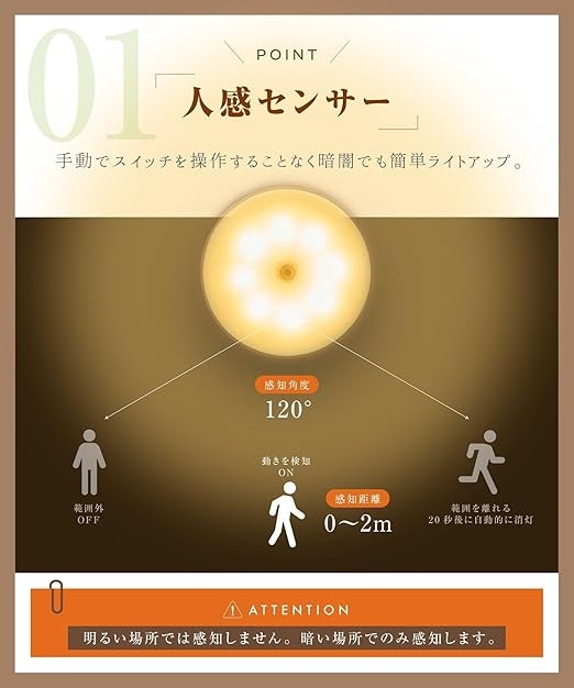 感知距離3〜5m程度・感知角度120度以上のモデルなら、ストレスなく点灯する