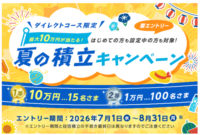 投信積立の設定・増額をすると抽選で最大10万円が当たる