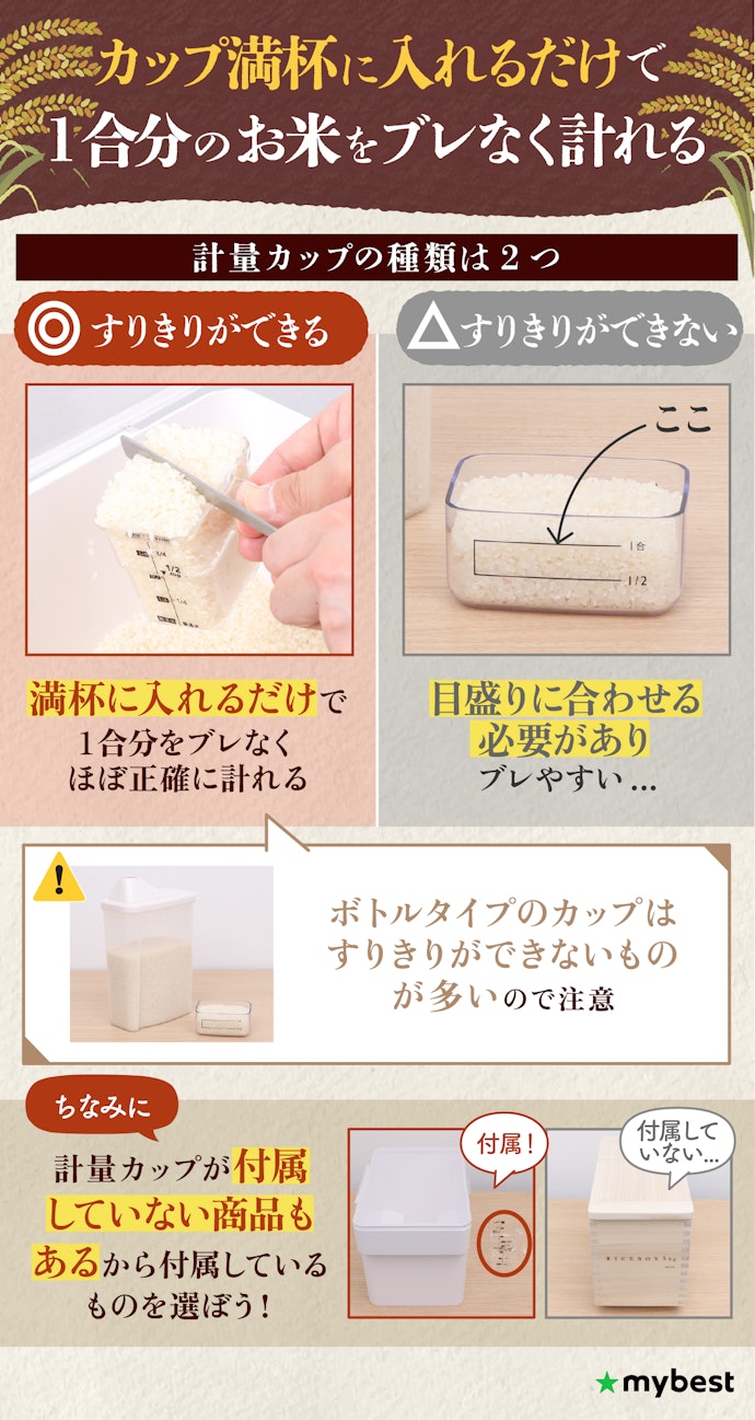 計量を正確に行えるよう、すりきりができる計量カップ付きのものを選んで