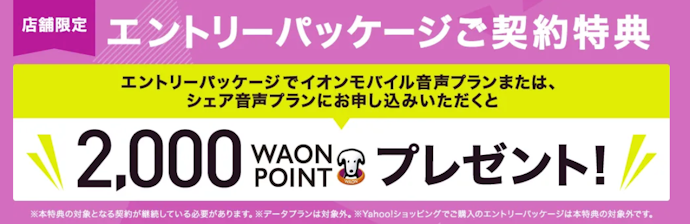 イオンモバイル|店舗限定エントリーパッケージで申込むと2,000ポイント進呈