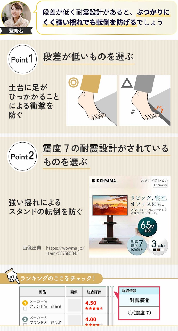 テレビの転倒がとくに気になる人は、設置面の段差が低く震度7の耐震設計がされているものを選んで