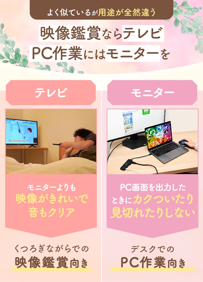 テレビやモニターを導入すると、娯楽を楽しんだり仕事・勉強の効率を上げたりできる