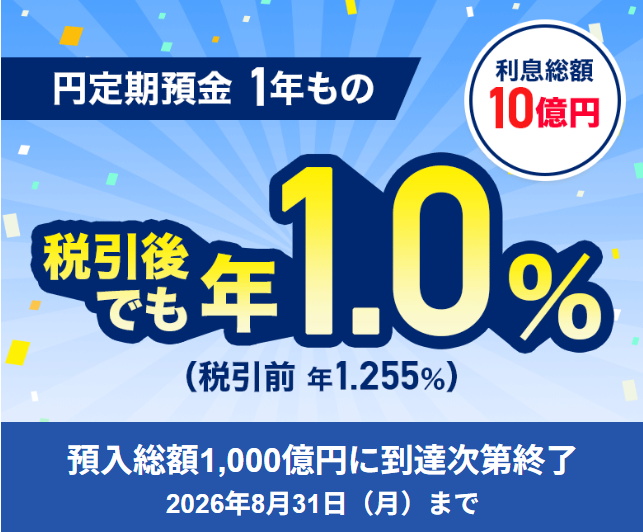 円定期預金(1年もの)預け入れで特別金利年1.255%が適用される