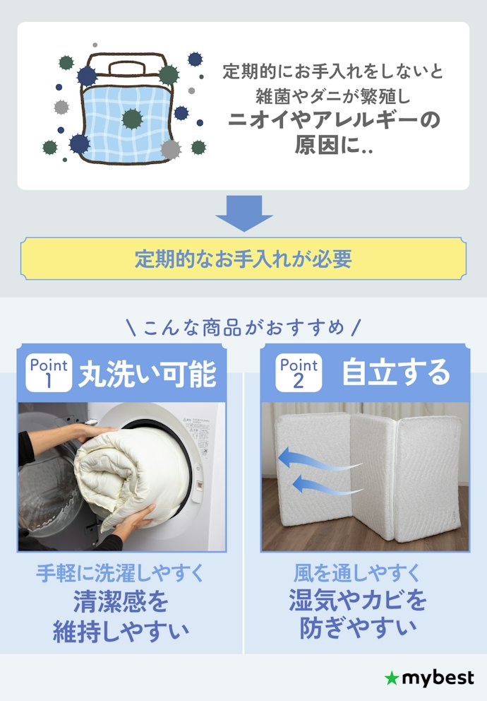 清潔に保つために、丸洗いできるものか自立するものを選ぼう
