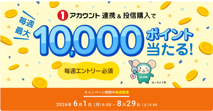 「1アカウント」連携と投資信託購入で、毎週最大1万ポイントをプレゼント