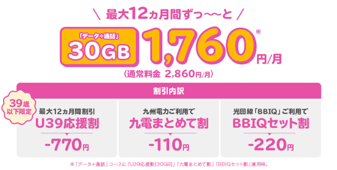 39歳以下の新規・乗り換えで30GBプランが最大12か月間割引になる