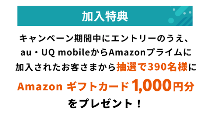 au・UQ mobileからAmazonプライム加入で抽選でAmazon ギフトカードがもらえる