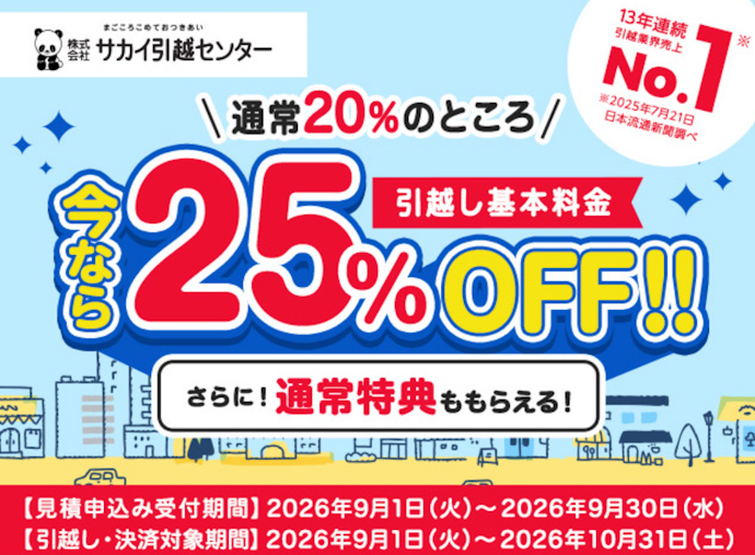 サカイ引越センターの利用で引越し基本料金が25%割引&ポイント4%還元