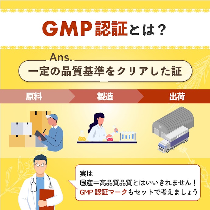 品質を重視するなら、国産かつGMP認定を取得したものがおすすめ