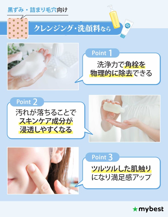 「黒ずみ・詰まり毛穴」は洗顔料やクレンジングでしっかり洗浄しよう