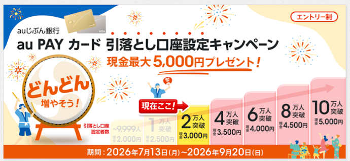 au PAY カードの引落口座設定と条件達成をすると最大5,000円がもらえる