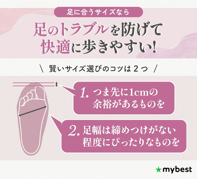 サイズは、つま先に約1cmのゆとり・横幅はぴったりが目安