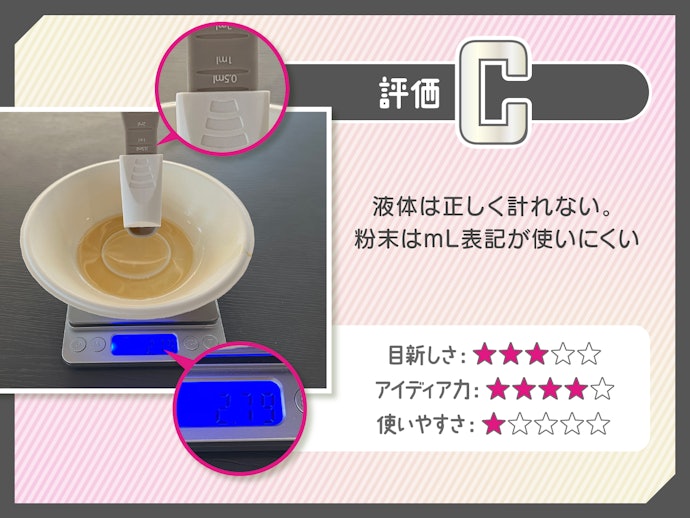 液体には不向き。mL表記だから粉末も使いにくく、買っても出番はなさそう