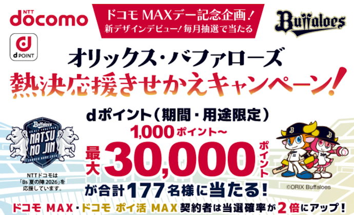 アプリ券面をオリックス・バファローズデザインにきせかえると抽選でdポイントが当たる