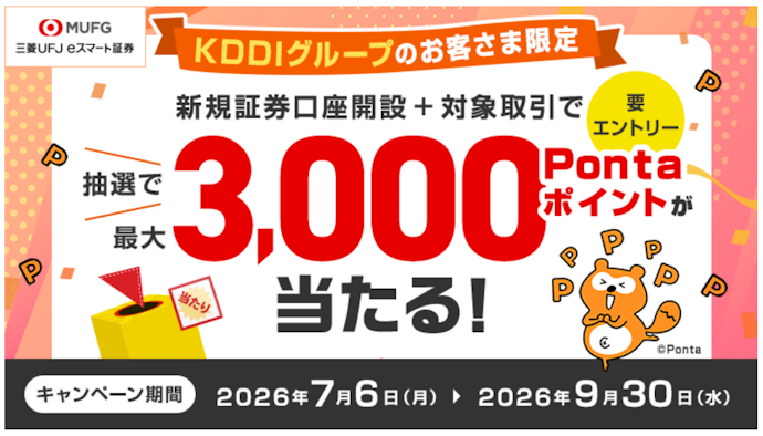 新規口座開設と投資信託を1万円以上買付すると抽選で最大3,000Pontaポイントが当たる