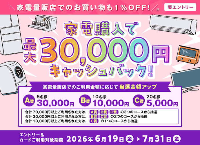 家電量販店でポケットカードを利用すると最大3万円キャッシュバック